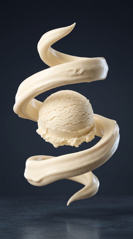 A vanilla cream ribbon spiralling around a scoop