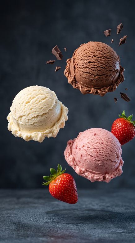 Vanilla, chocolate and strawberry ice-cream concept reference